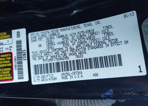 2013 Toyota Tundra Grade 4.6L V8 из США, поврежденный, VIN 5TFUM5F17DX042956